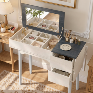 Sunvega White Makeup Vanity Table with Flip Top Mirror and Storage for Bedroom