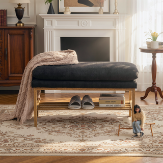 Sunvega Linen Upholstered Storage Bench with Shelf and Metal Legs for Bedroom Entryway