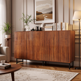 Sunvega Wave Relief Design Wood Sideboard with Iron Legs for Living Room Storage