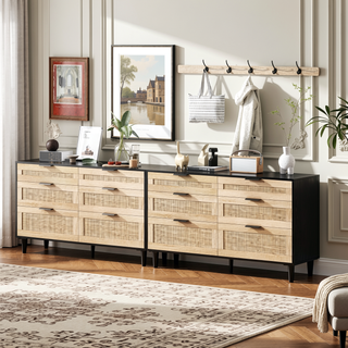 Sunvega Modern Natural Rattan 6 Drawer Dresser with Wood Legs for Bedroom Storage