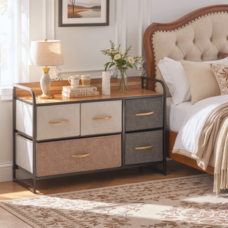 Sunvega 5-Drawer Fabric Storage Dresser with Foldable Drawers and Anti-Toppling Design