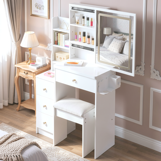 Sunvega Small Size Left Bedside Vanity Table with Cushioned Stool and Touch LED Mirror
