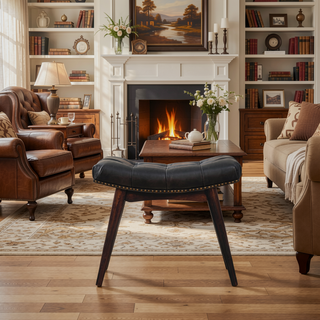 Sunvega Modern Walnut Footstool with Black Buffalo Leather Upholstery and Deep Button Design