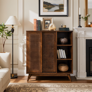 Sunvega Mid Century Modern Rattan Sideboard Cabinet with Adjustable Shelves and Solid Wood Feet
