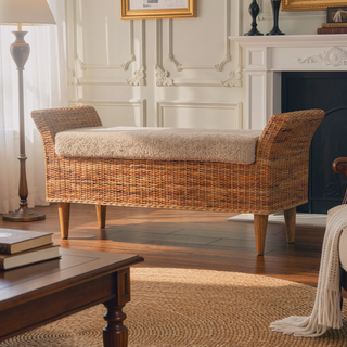 Sunvega Cream Boucle Upholstered Woven Wood Bench with Curved Armrests