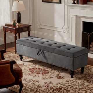 Sunvega Beige Fabric Upholstered Storage Ottoman Bench with Button Tufted Top