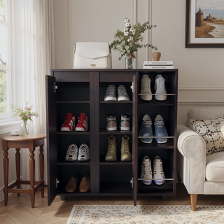 Sunvega Shoe Storage Cabinet with 8 Enclosed and 3 Open Side Shelves Wenge