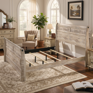 Sunvega Queen Size White Wash Finish Sleigh Bed and Two Nightstands with Antique Walnut Trim