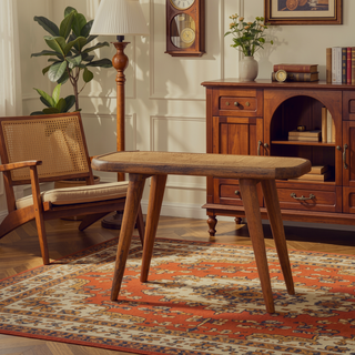 Sunvega Solid Mango Wood Bench with Hand-Woven Rattan Top and Oak Finish