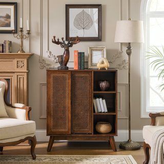Sunvega Mid Century Modern Rattan Sideboard Cabinet with Adjustable Shelves and Solid Wood Feet