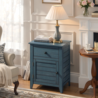 Sunvega Antique Blue Veneer Transitional Nightstand with Storage Drawer and Cabinet