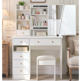 Sunvega Small Size Left Drawer Desktop Vanity Table with Cushioned Stool