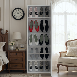 Sunvega Wall Mounted Shoe Rack with Mirror Door and Five Shelves for Ten Pairs