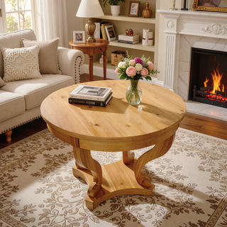 Sunvega Small Round Natural Wood Side Table with Two Storage Drawers