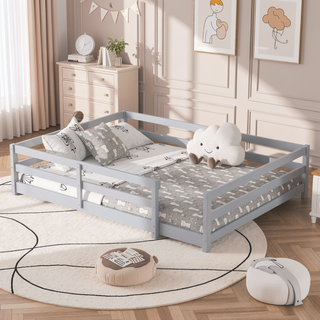 Sunvega Full Size Floor Bed with Fence for Kids Made of Sturdy Pine Wood