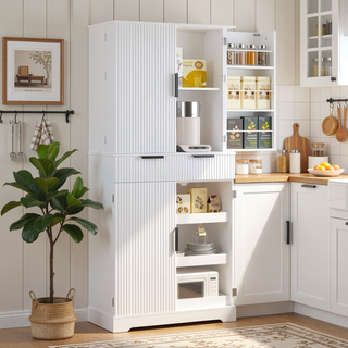 Sunvega Freestanding Fluted Kitchen Pantry Cabinet with 3 Keyboard Drawers and 6 Shelves