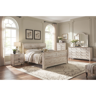 Sunvega White Wash Finish King Sleigh Bed Dresser Mirror Nightstands and Chest