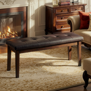 Sunvega Light Rustic Brown Finish Wooden Bench with Button-Tufted Polyester Seat