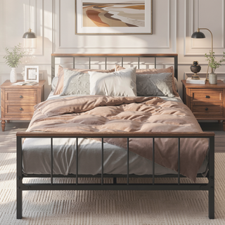 Sunvega Metal Platform Bed Frame with Wood Headboard and Sturdy Support No Box Spring