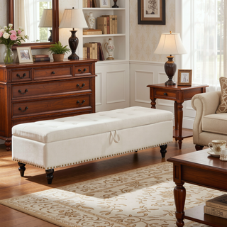 Sunvega Beige Fabric Upholstered Storage Ottoman Bench with Button Tufted Top