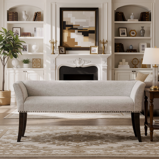 Sunvega Upholstered Cream Accent Bench with Padded Back and Flared Arms