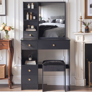 Sunvega Small Size Left Drawer Vanity Table with Adjustable LED Mirror and Stool