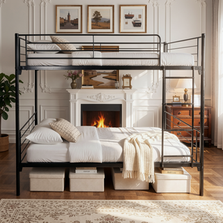 Sunvega Sturdy Twin over Twin Metal Bunk Bed Frame with Ladder and Vintage Headboard