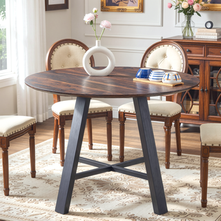 Sunvega Modern Round Dining Table with Dark Wood Texture and Black Metal Legs