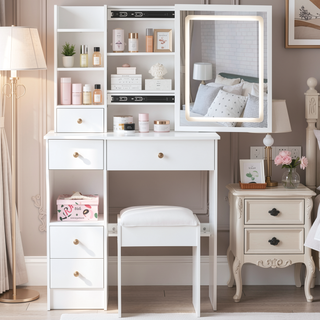 Sunvega Small Size Left Drawer Vanity Table with Cushioned Stool and LED Mirror