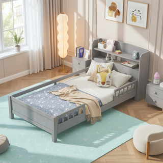 Sunvega Antique Grey Twin Size Wood Platform Bed with Storage Headboard and LED Light