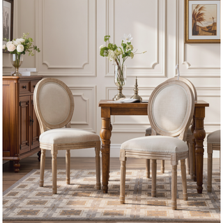 Sunvega French Style Solid Wood Frame Linen Fabric Oval Back Dining Chairs Set of 2