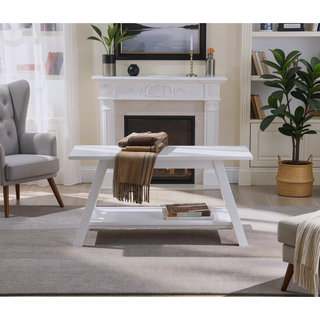 Sunvega White Solid Wood Farmhouse Bench with Storage Shelf for Entryway