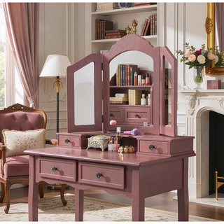Sunvega Rose Gold Vanity Makeup Table Set with Mirror and Upholstered Bench