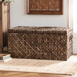 Sunvega Blackwashed Water Hyacinth Storage Trunk with Intricate Diamond Weave Pattern