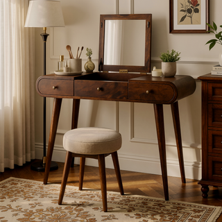 Sunvega Nordic Brown Chestnut Mirror Dressing Table with 2 Drawers and Storage Compartments