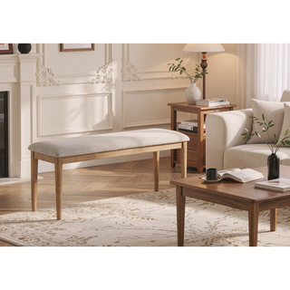 Sunvega Contemporary Warm Wood Beige Upholstered Fabric Dining Bench with Cushion Seats