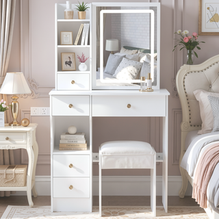 Sunvega Small Size Left Drawer Vanity Table with Cushioned Stool and LED Mirror