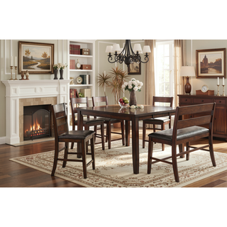 Sunvega Cherry Finish Wood Frame Bench with Dark Brown Faux Leather Upholstered Seat
