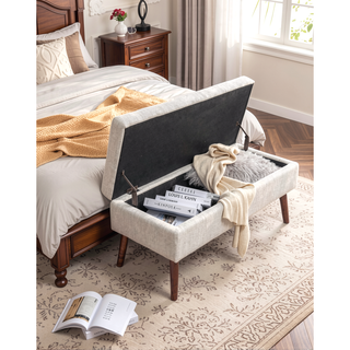 Sunvega Tufted Beige Storage Ottoman Bench with Safety Hinge for Bedroom