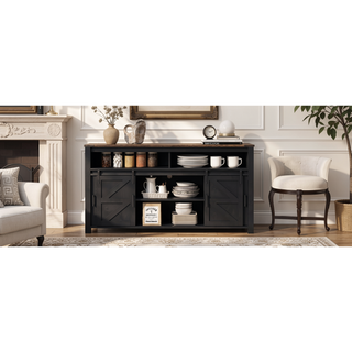 Sunvega Farmhouse Sideboard with Sliding Barn Door Mesh Panels and Open Storage