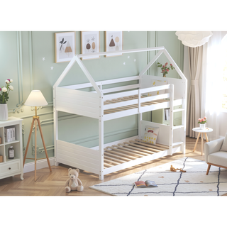 Sunvega Twin Over Twin House Floor Bunk Bed with Headboards Footboards Guardrails and Ladder