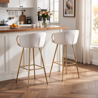 Sunvega 30 Inch Set of 2 Velvet Bar Stools with Chrome Footrest and Golden Leg