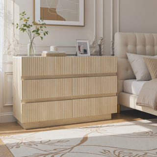 Sunvega Fluted Modern 6 Drawer Dresser with LED Lights and Marble Top