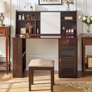 Sunvega Walnut Makeup Vanity Desk with Adjustable Lighted Mirror and Ample Storage