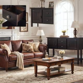 Sunvega Retro Style Solid Pine Wood Sideboard Console Table with 2 Drawers and Cabinets