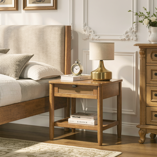 Sunvega Light Walnut Single-Drawer Nightstand with Shelf and Woven Pattern