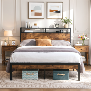 Sunvega Modern Metal Platform Bed Frame with Wooden Headboard and Footboard for Queen Size