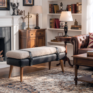 Sunvega Boucle and Black Leather Upholstered Bench with Nordic Wood Legs