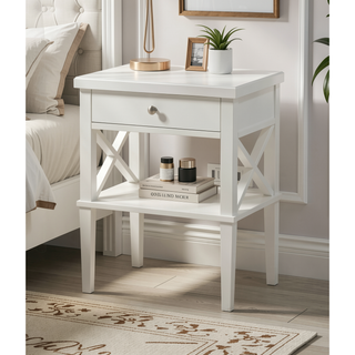 Sunvega Madison White Nightstand with Open Shelf and Full Extension Drawer