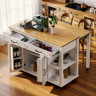 Sunvega Extendable Kitchen Island with Dining Table Internal Storage and Power Outlet